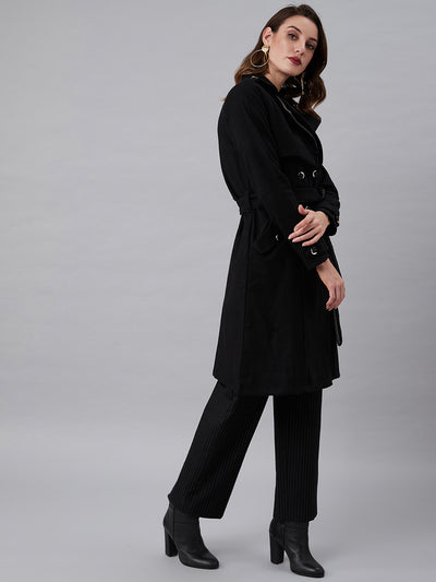 Athena Women Black Solid Knee-Length Double-Breasted Wool Trench Coat - Athena Lifestyle