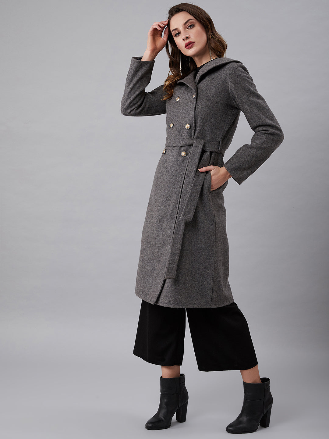 Athena Women Grey Solid Longline Double-Breasted Wool Pea Coat - Athena Lifestyle