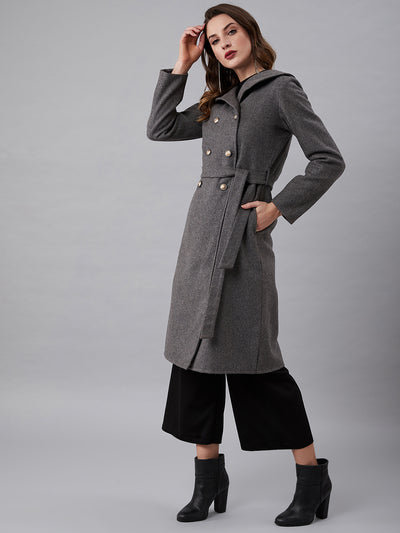 Athena Women Grey Solid Longline Double-Breasted Wool Pea Coat - Athena Lifestyle