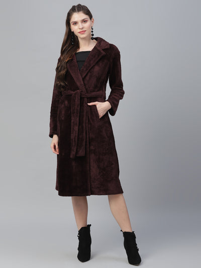 Athena Women Burgundy Solid Fur Coat - Athena Lifestyle