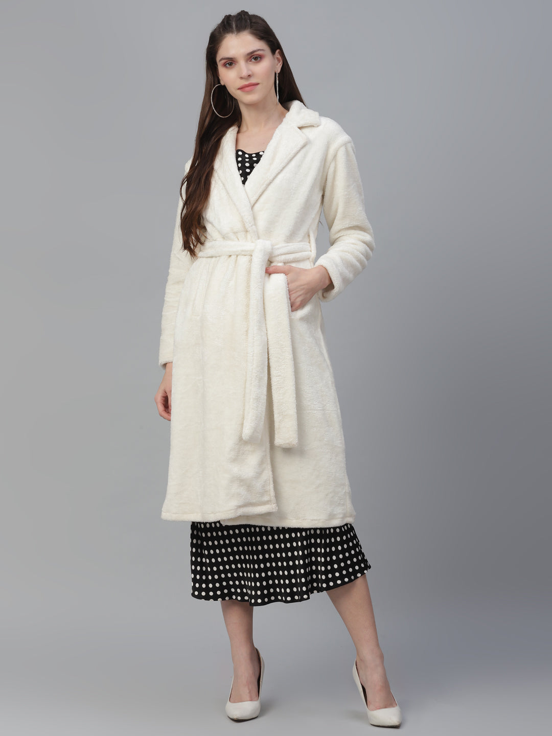 Athena Women White Solid Faux Fur Longline Wrap Coat with Belt - Athena Lifestyle