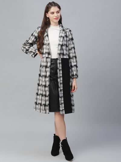 Athena Women Black &White Checked Woolen Longline Overcoat - Athena Lifestyle