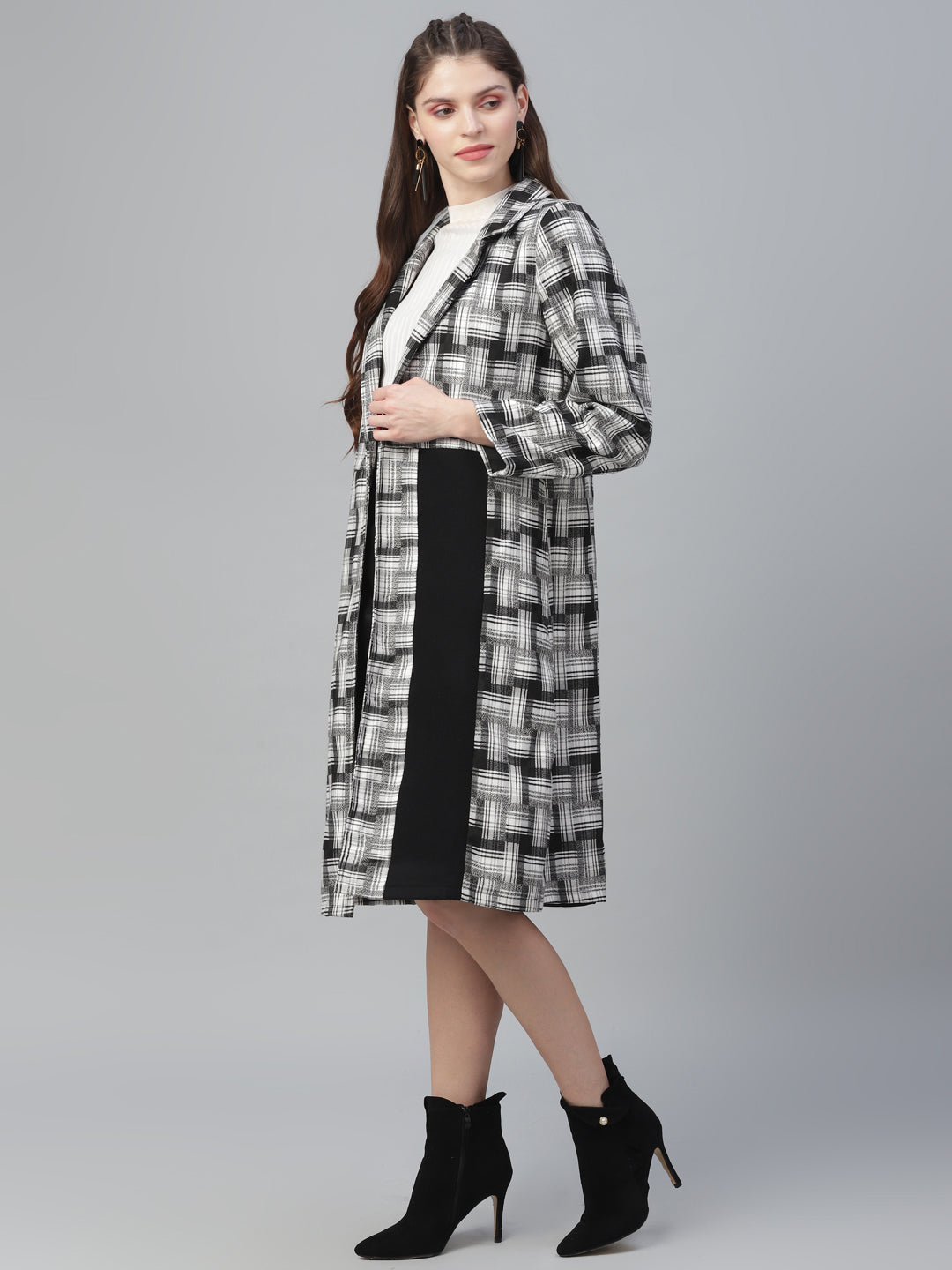 Athena Women Black &White Checked Woolen Longline Overcoat - Athena Lifestyle