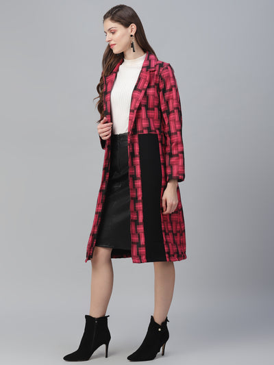 Athena Women Pink & Black Checked Longline Overcoat - Athena Lifestyle