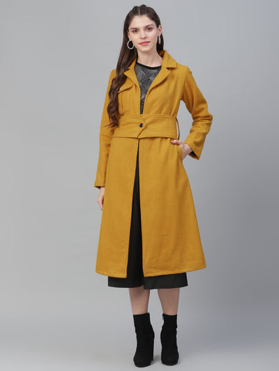 Athena Women Mustard Yellow Solid Woollen Longline Wrap Coat - Athena Lifestyle