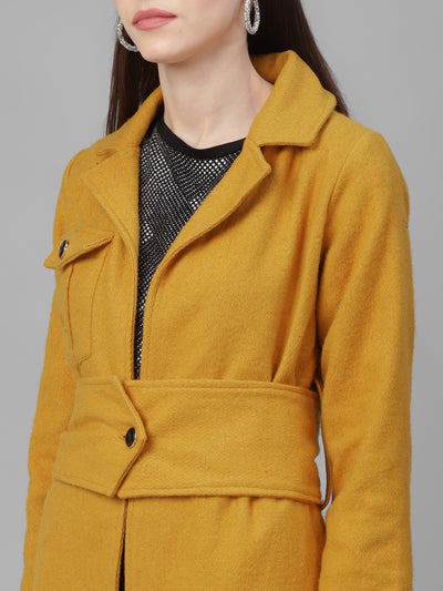 Athena Women Mustard Yellow Solid Woollen Longline Wrap Coat - Athena Lifestyle