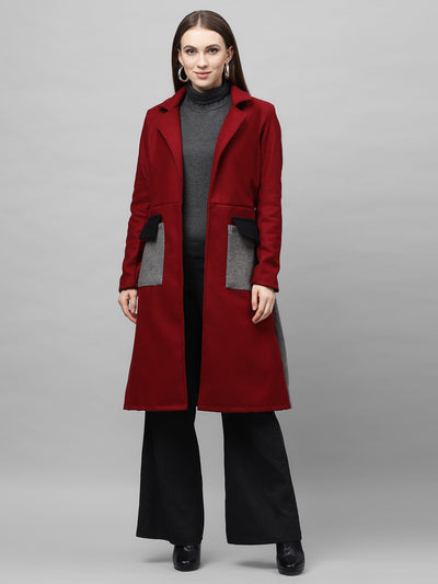 Athena Women Burgundy Solid Knee-Length Woollen Overcoat - Athena Lifestyle