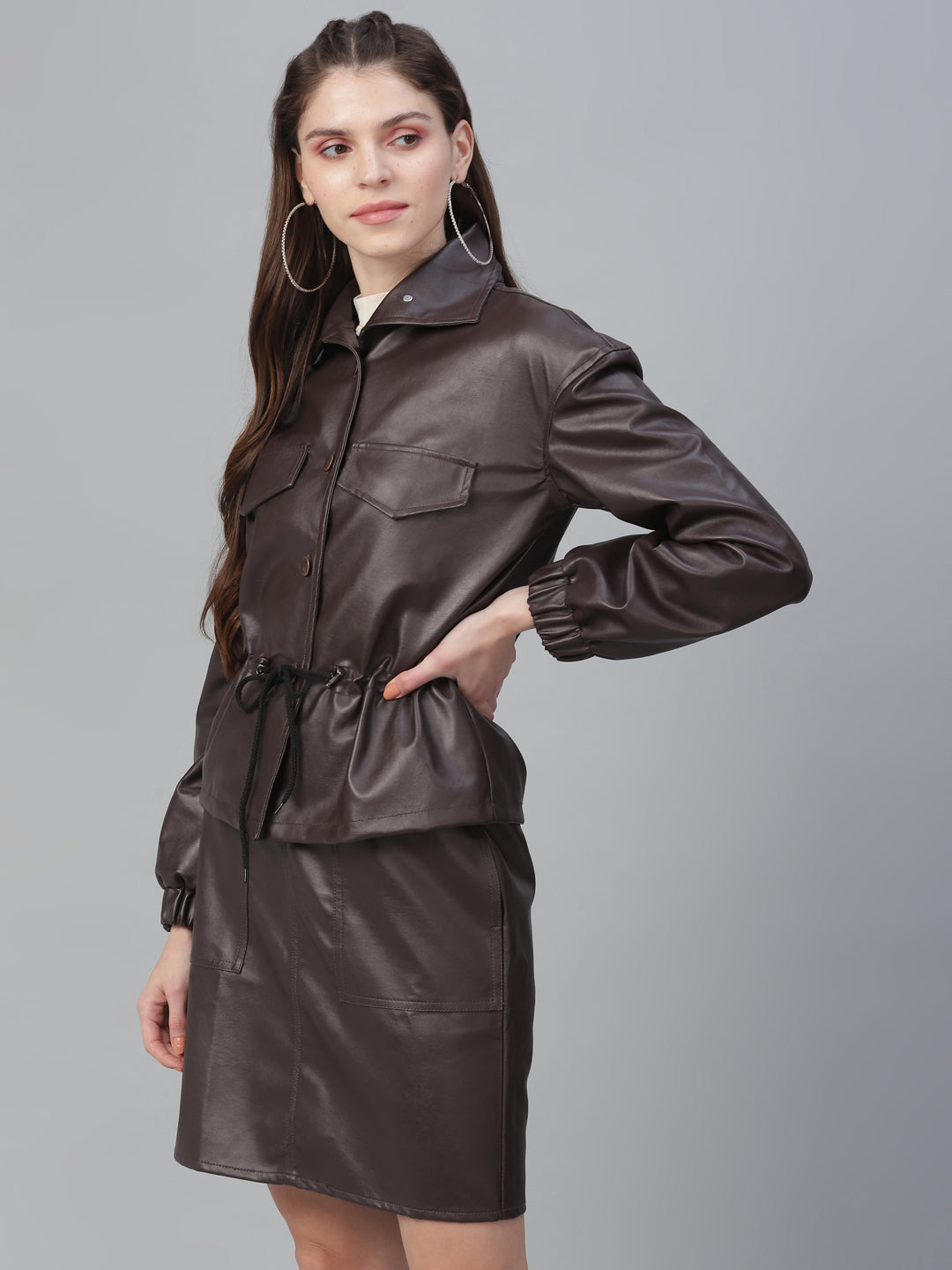 Athena Women Coffee Brown Solid Asymmetric Closure Tailored Leather Jacket - Athena Lifestyle