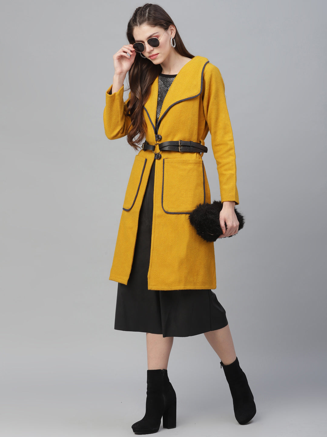 Athena Women Mustard Yellow Solid Woolen Longline Overcoat - Athena Lifestyle