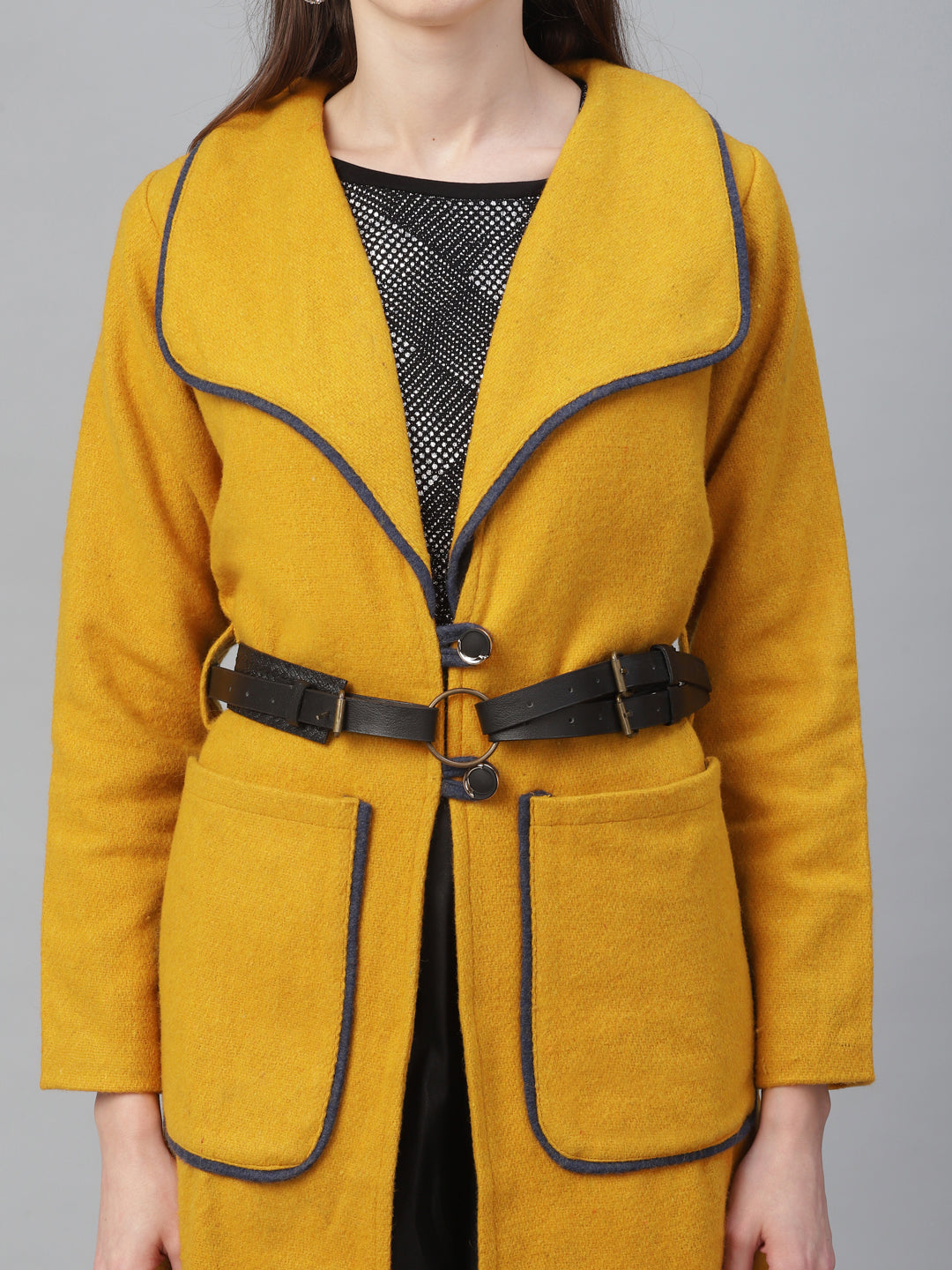 Athena Women Mustard Yellow Solid Woolen Longline Overcoat - Athena Lifestyle
