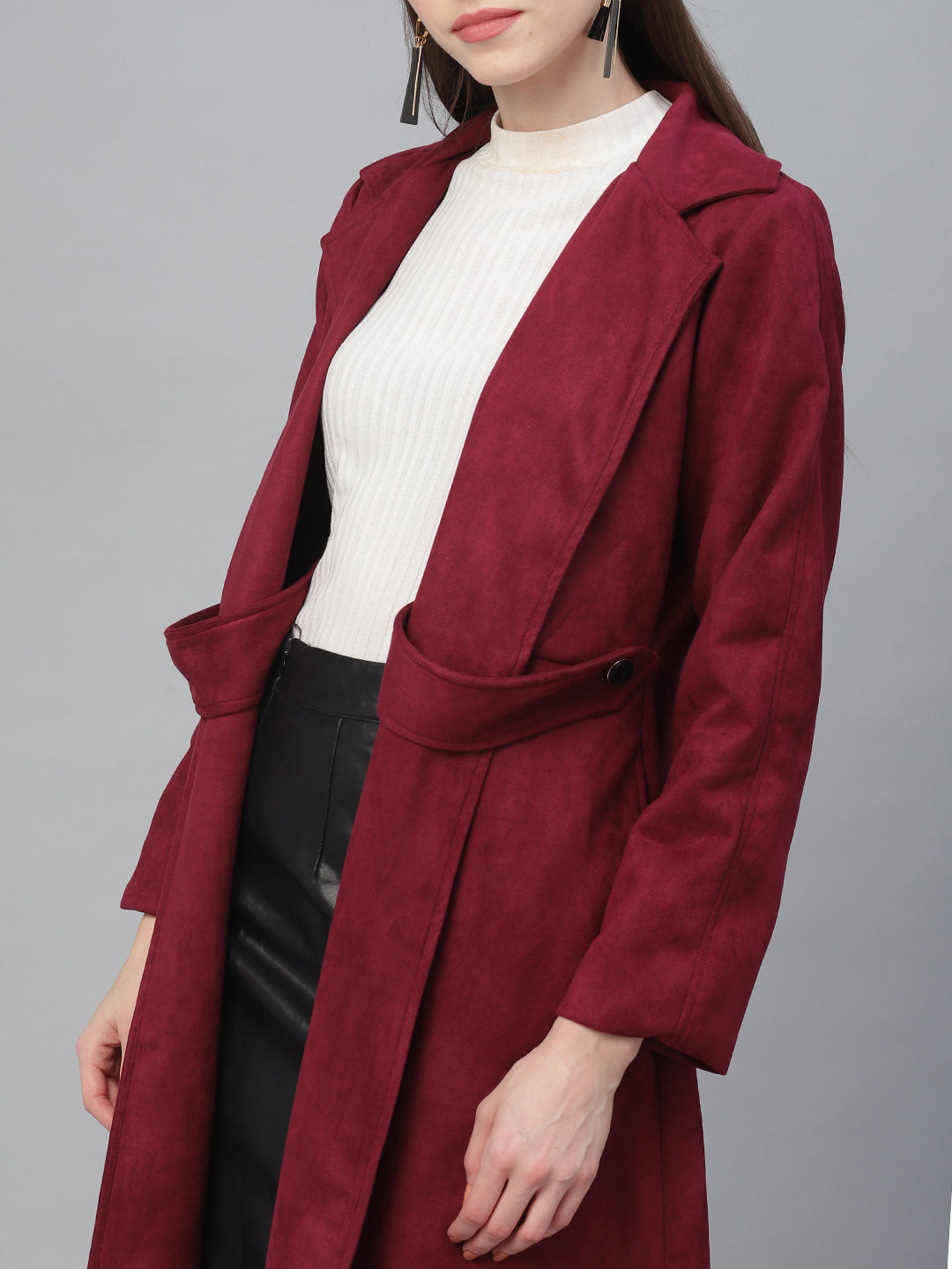 Athena Women Burgundy Solid Suede Coat With Side Flap Detail - Athena Lifestyle
