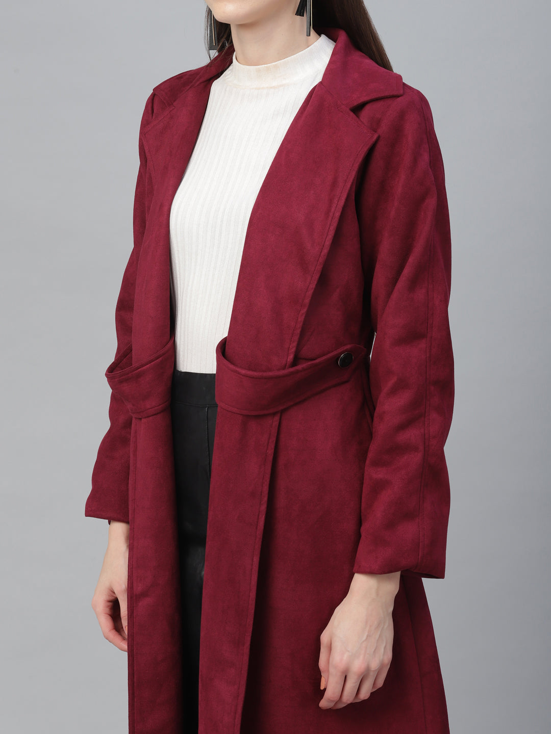Athena Women Burgundy Solid Suede Coat With Side Flap Detail - Athena Lifestyle