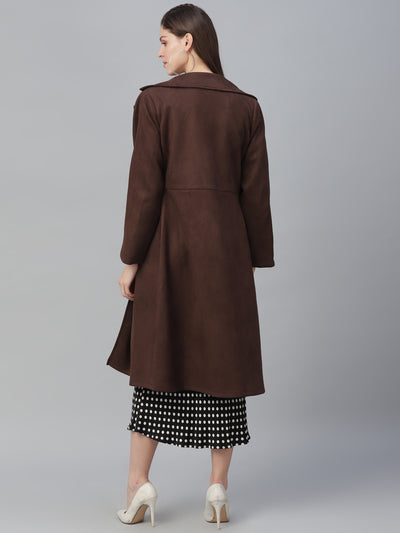Athena Women Brown Solid Suede Longline Overcoat - Athena Lifestyle