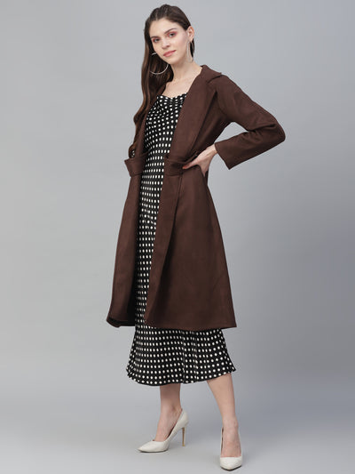 Athena Women Brown Solid Suede Longline Overcoat - Athena Lifestyle