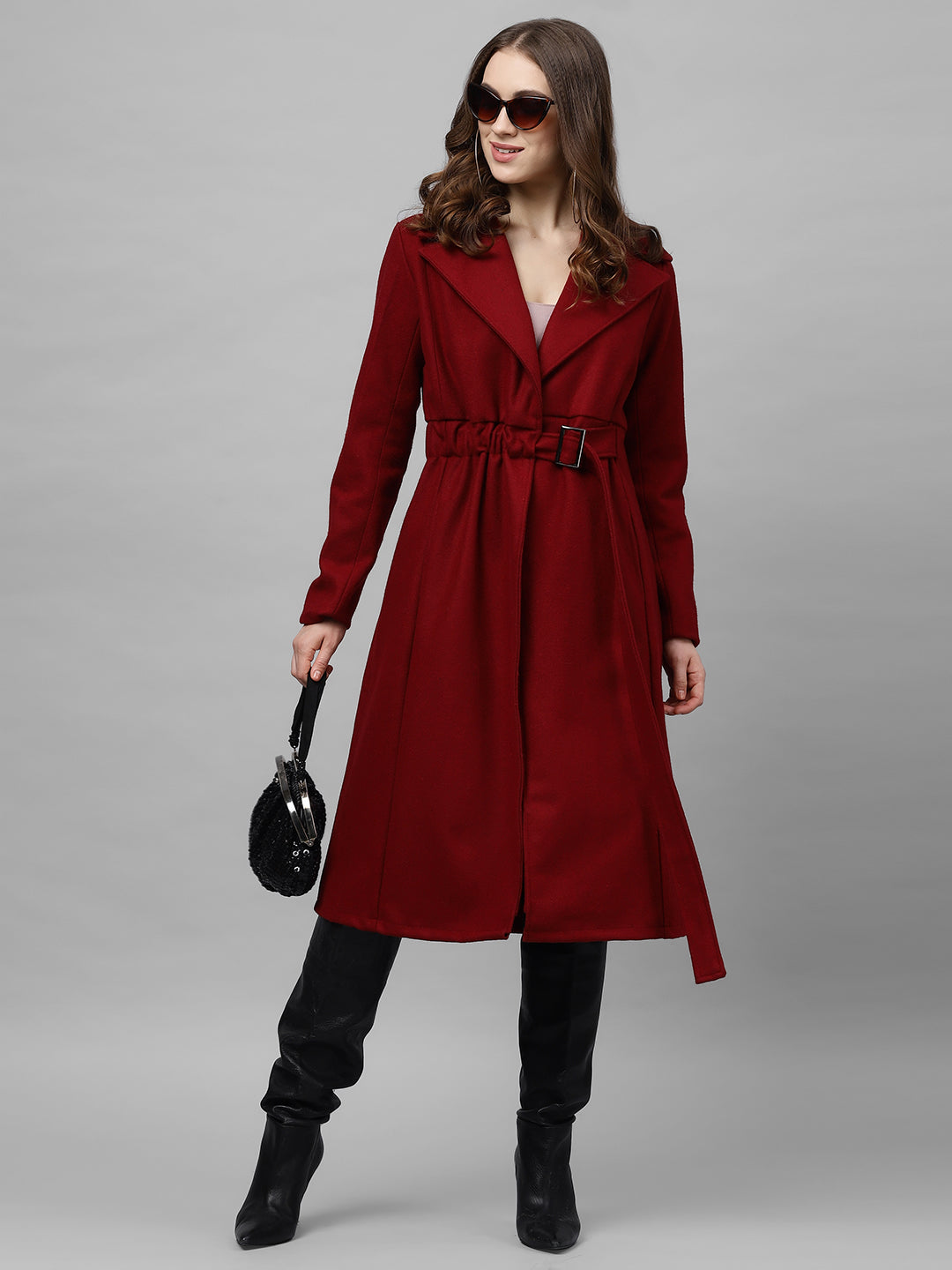 Athena Women Maroon Solid Woolen Longline Overcoat - Athena Lifestyle