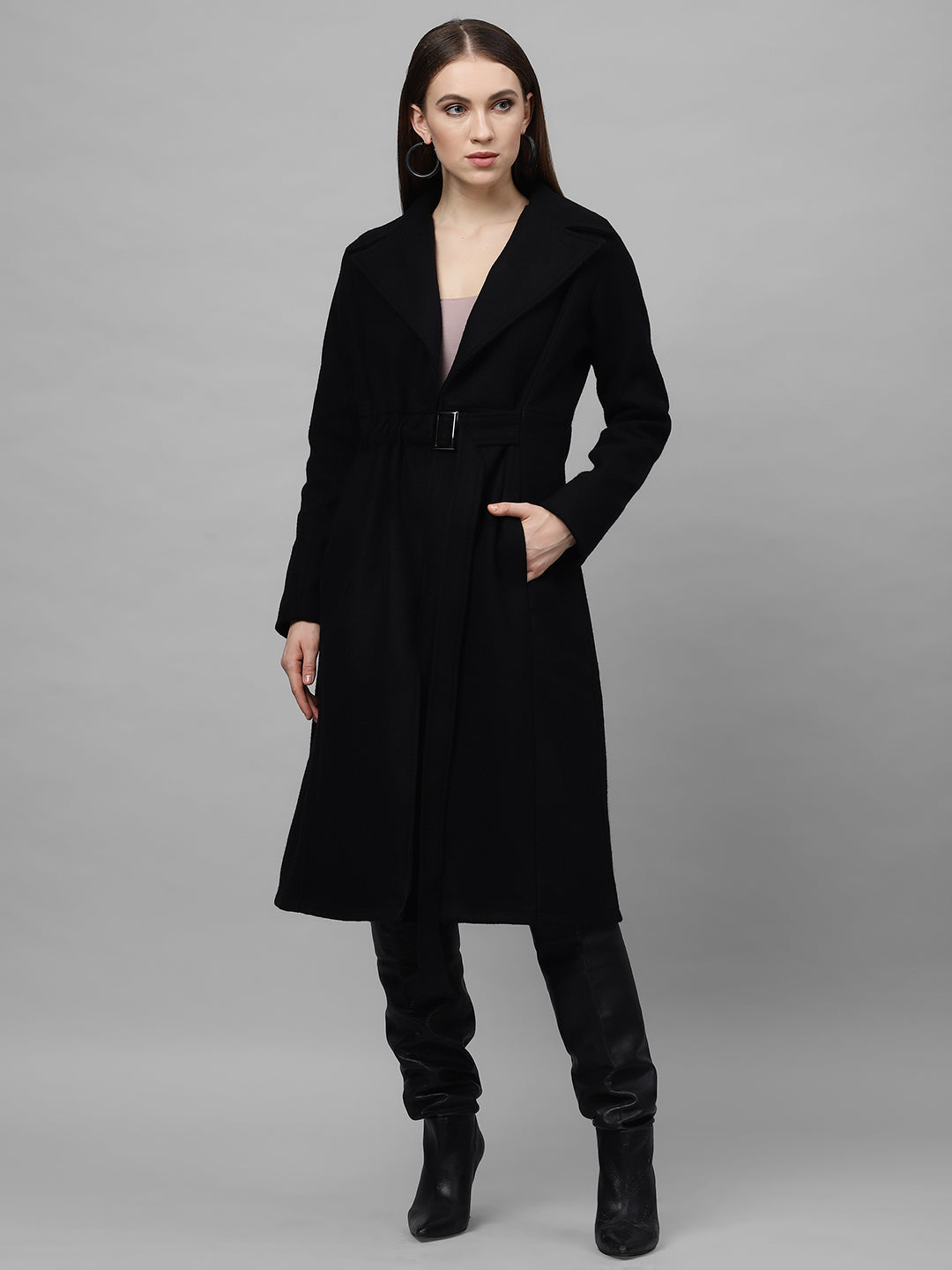 Athena Women Black Solid Regular-Fit Longline Overcoat - Athena Lifestyle