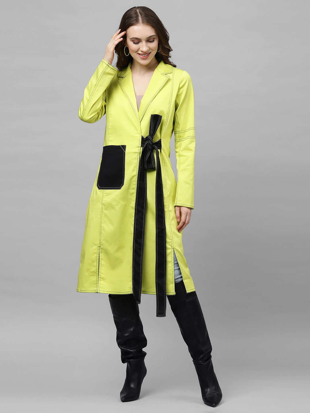 Athena Women Lime Green Solid Longline Overcoat - Athena Lifestyle