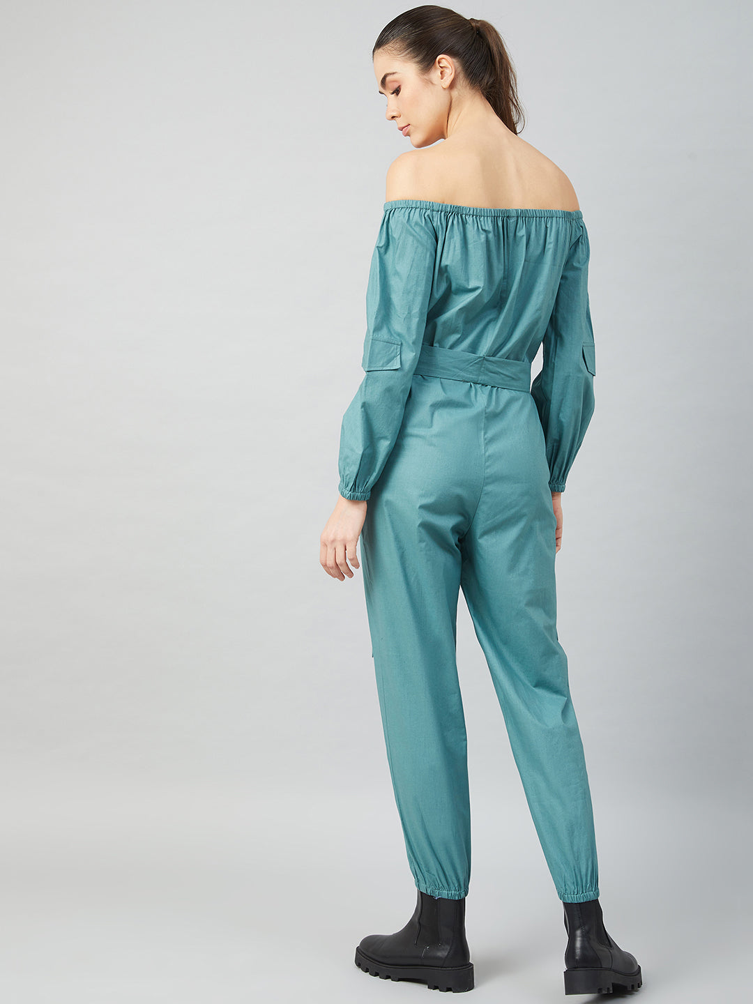 Athena Women Teal Blue Solid Cotton Jumpsuit - Athena Lifestyle