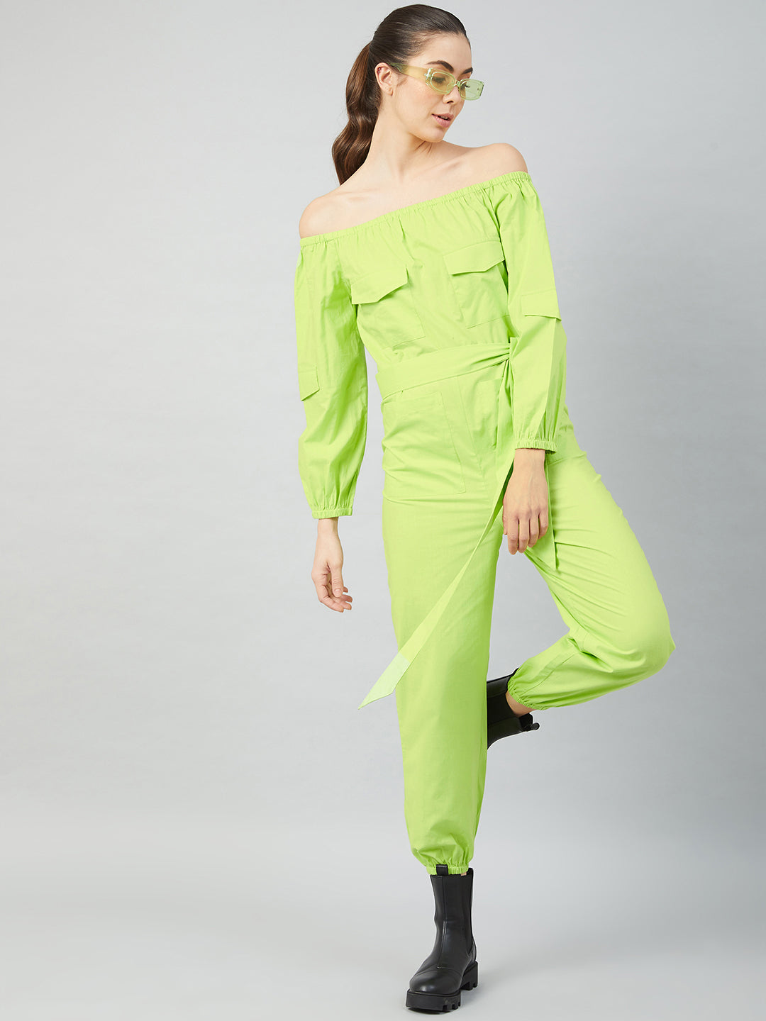 Athena Women Lime Green Solid Cotton Jumpsuit - Athena Lifestyle