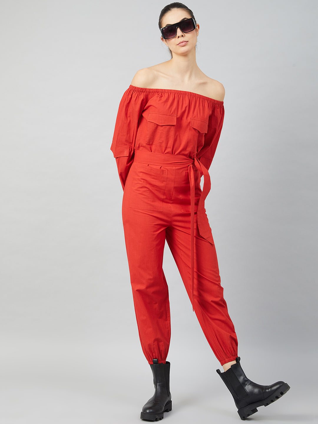 Athena Women Red Solid Cotton Jumpsuit - Athena Lifestyle
