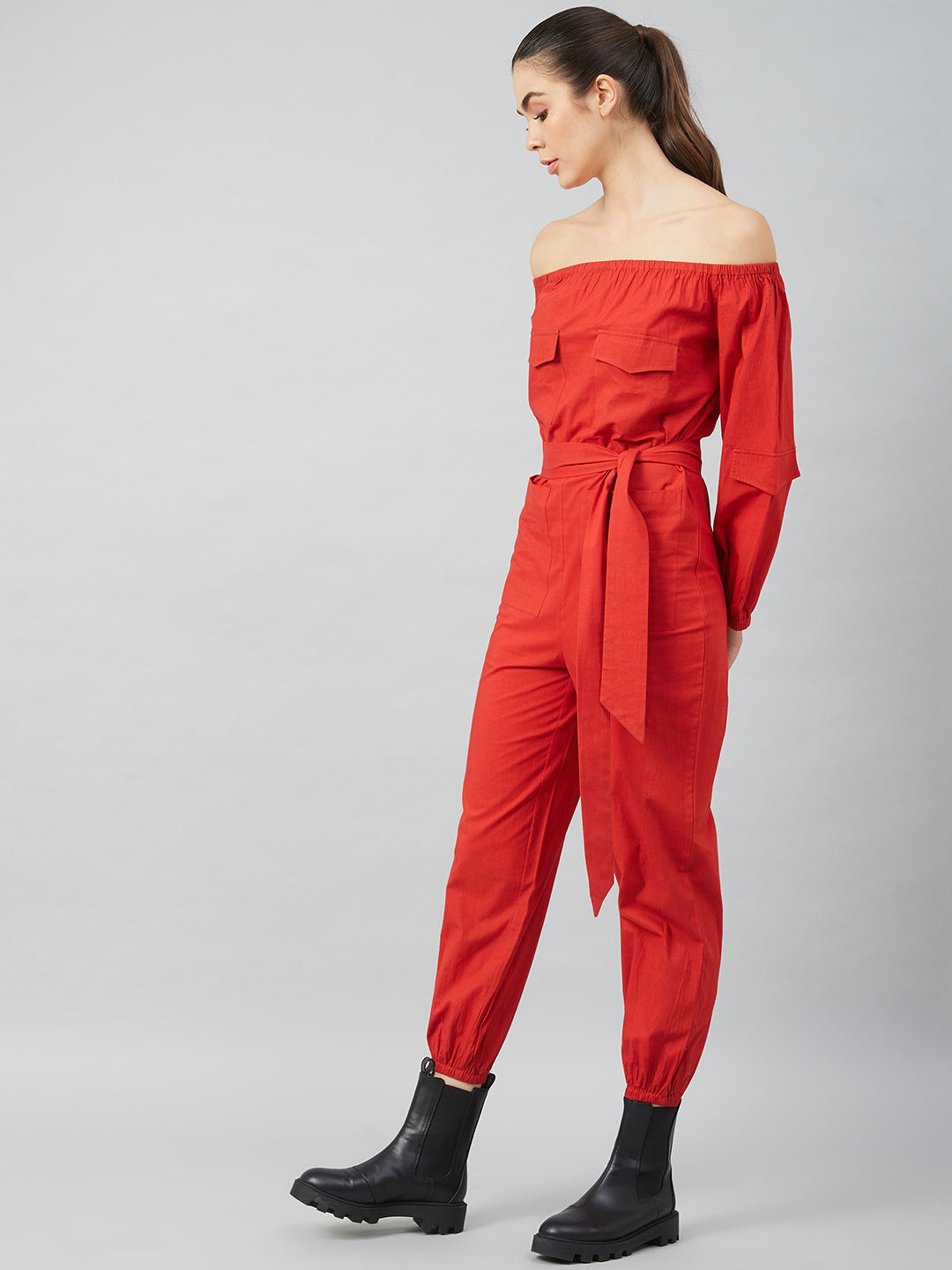 Athena Women Red Solid Cotton Jumpsuit - Athena Lifestyle