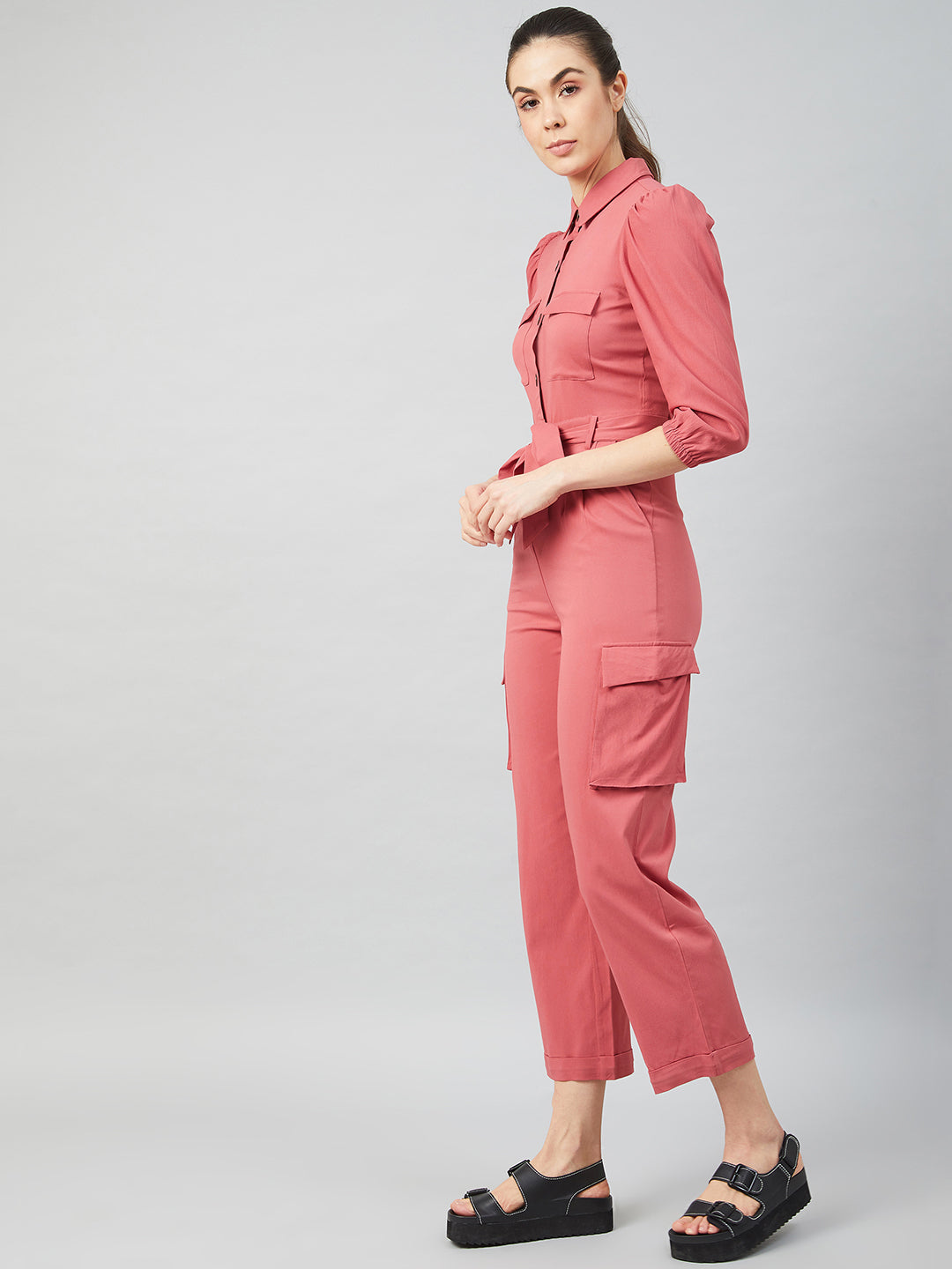 Athena Women Pink Solid Tie-Up Basic Jumpsuit - Athena Lifestyle