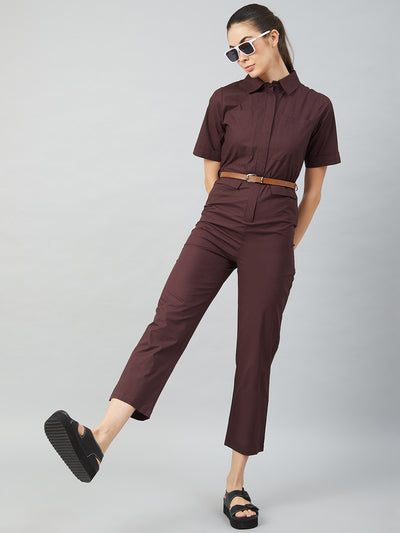 Athena Women Brown Solid Cotton Jumpsuit - Athena Lifestyle