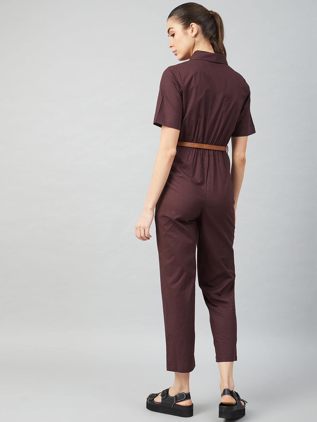 Athena Women Brown Solid Cotton Jumpsuit - Athena Lifestyle