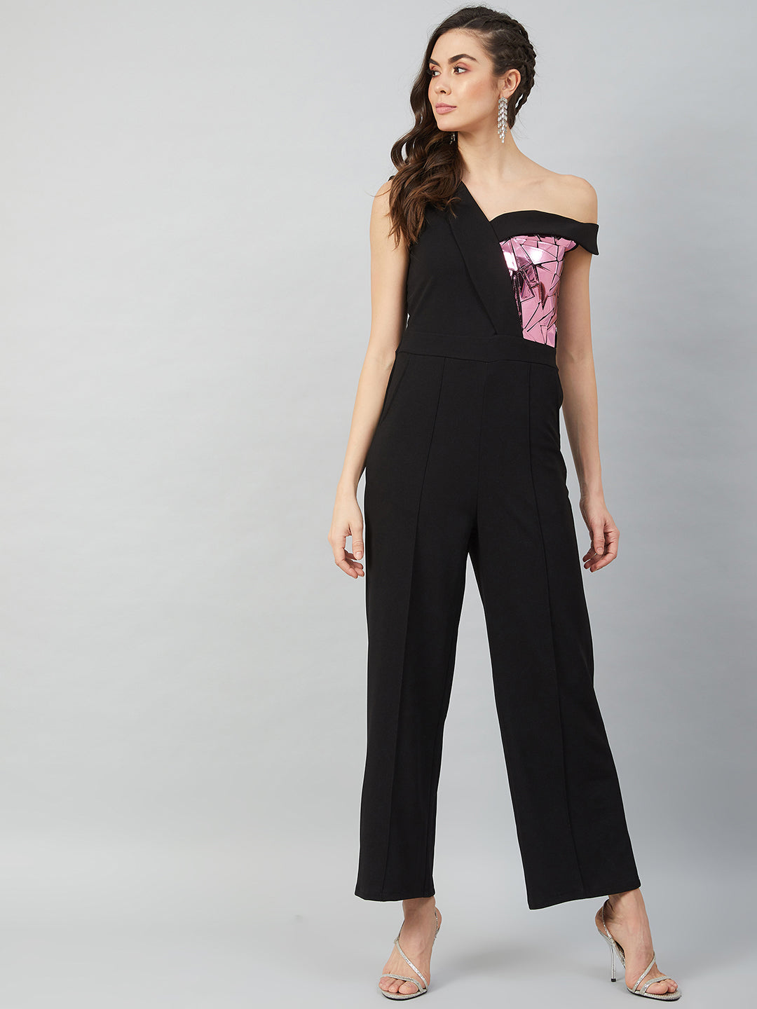 Athena Black & Pink Off-Shoulder Basic Jumpsuit with Embellished - Athena Lifestyle