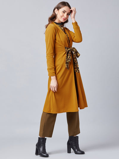 Athena Women Mustard Self Design Tie-Up Shrug - Athena Lifestyle