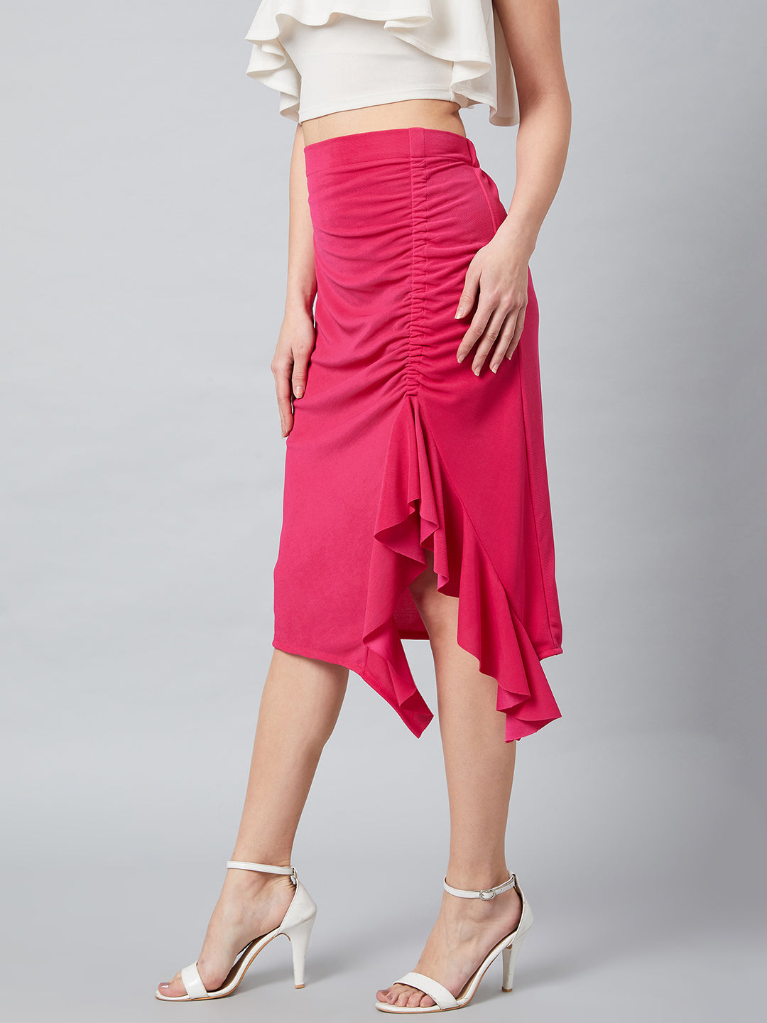 Athena Women Fuchsia Solid Front Frill Detail Midi Skirt - Athena Lifestyle