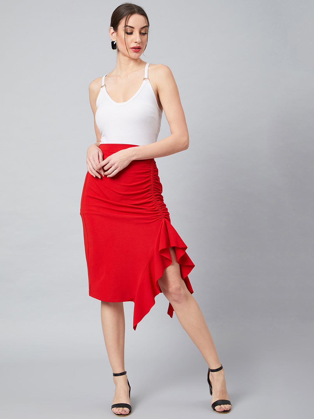 Athena Women Red Solid A-Line Midi Skirt With Front Frill Detail