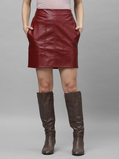 Athena Maroon Solid Leather Straight Skirt - Athena Lifestyle