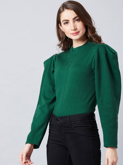 Athena Women Green Solid Pullover Sweatshirt - Athena Lifestyle
