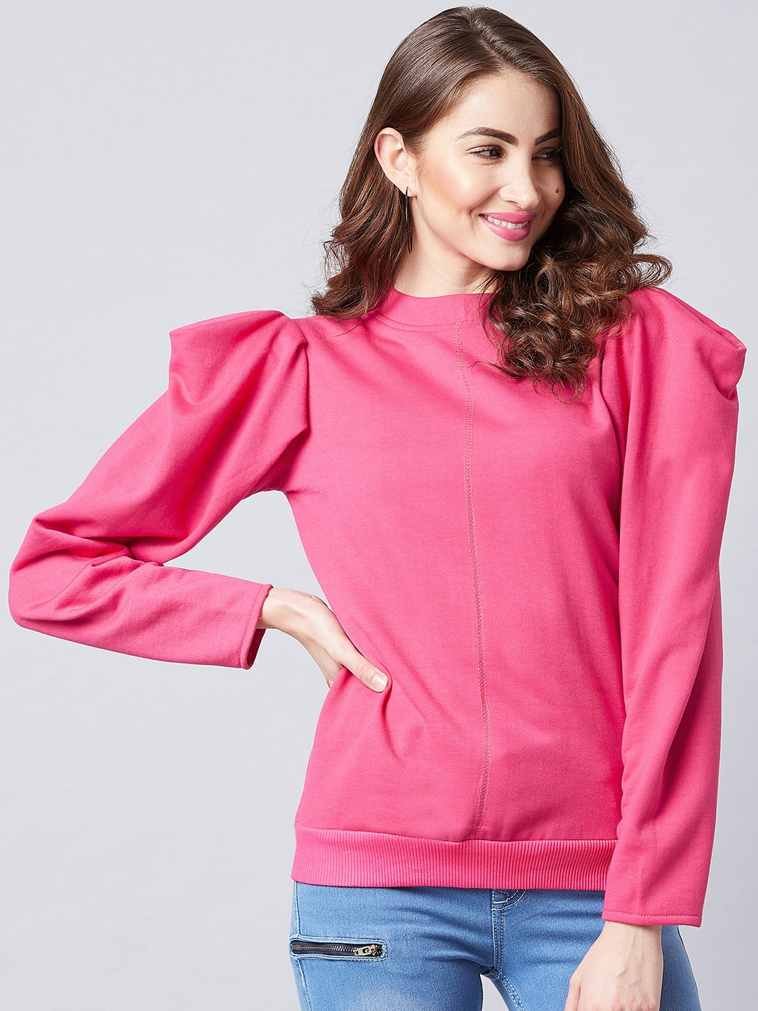 Athena Women Pink Solid Puff Sleeve Sweatshirt - Athena Lifestyle