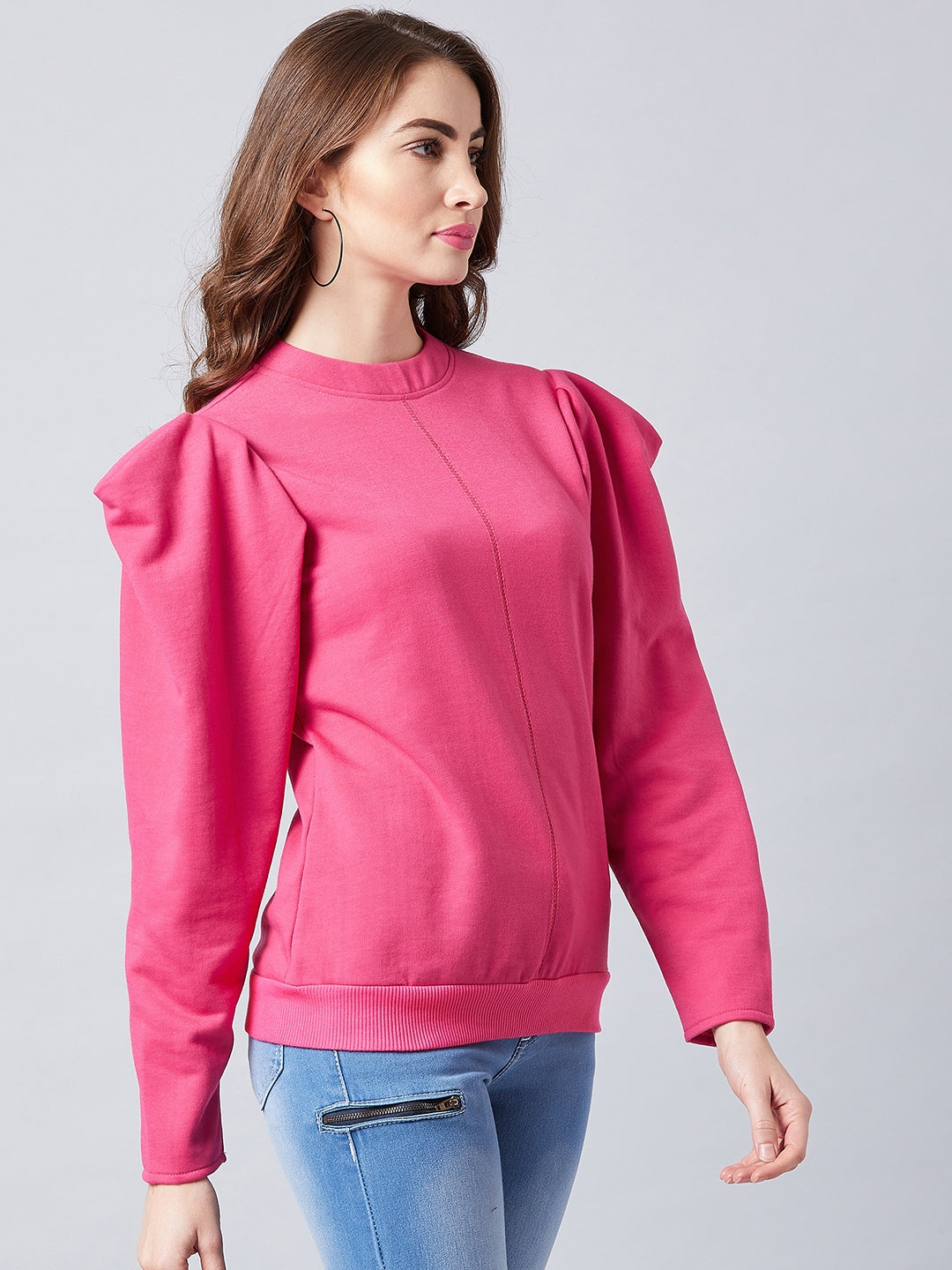 Athena Women Pink Solid Puff Sleeve Sweatshirt - Athena Lifestyle