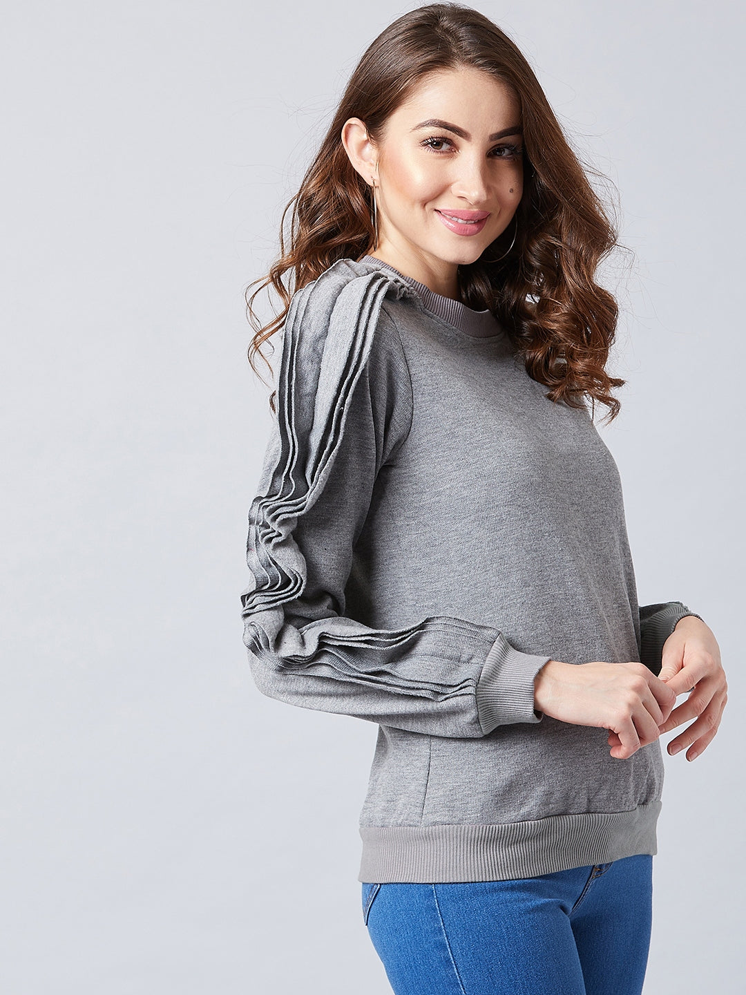Athena Women Grey Solid Asymmetric Sleeve Sweatshirt - Athena Lifestyle