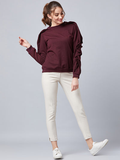 Athena Women Burgundy Solid Asymmetric Sleeve Sweatshirt - Athena Lifestyle