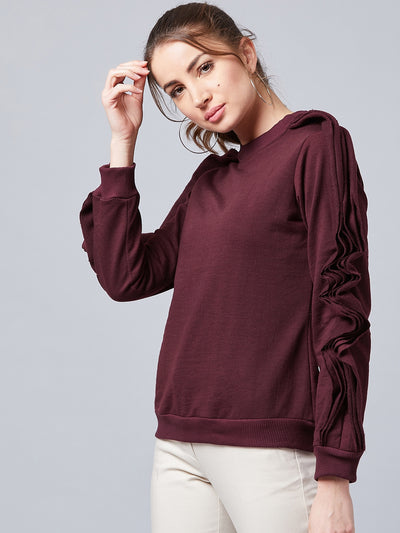 Athena Women Burgundy Solid Asymmetric Sleeve Sweatshirt - Athena Lifestyle