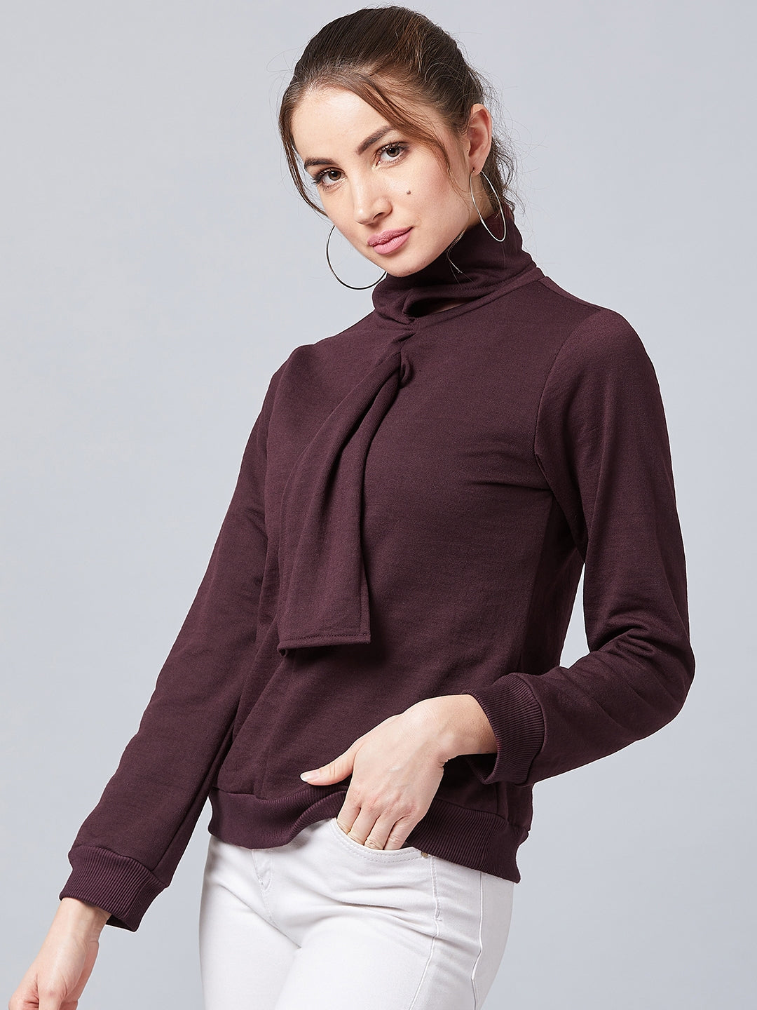Athena Women Burgundy Solid Pullover Sweatshirt - Athena Lifestyle