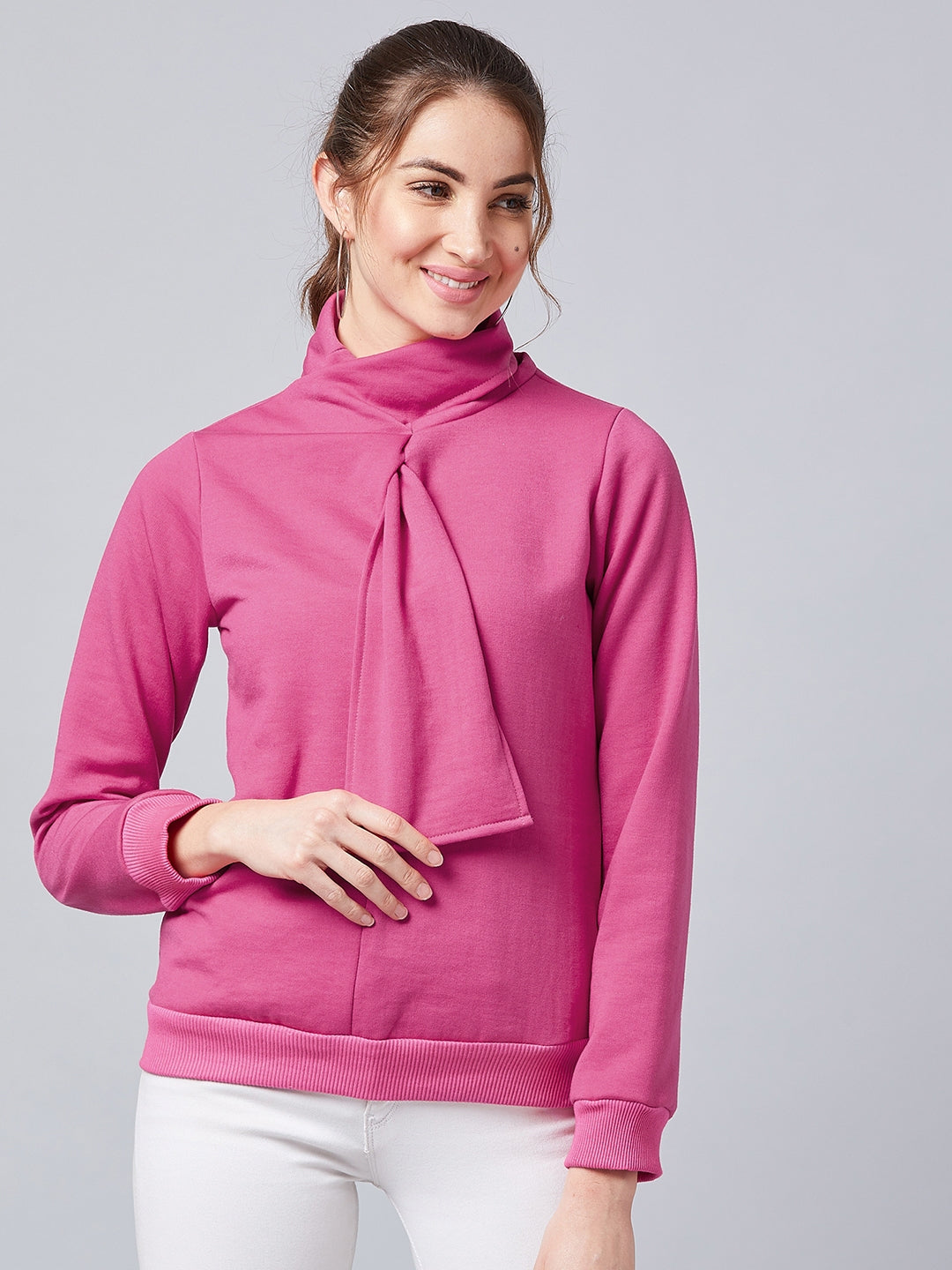 Athena Women Pink Solid Pullover Sweatshirt - Athena Lifestyle
