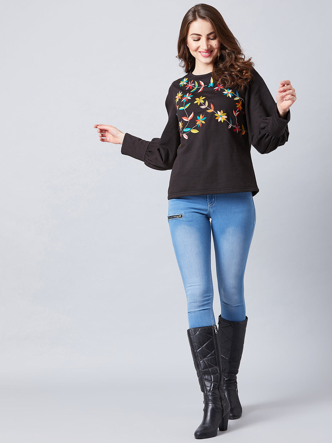 Athena Women Black Embroidered Pullover Sweatshirt - Athena Lifestyle