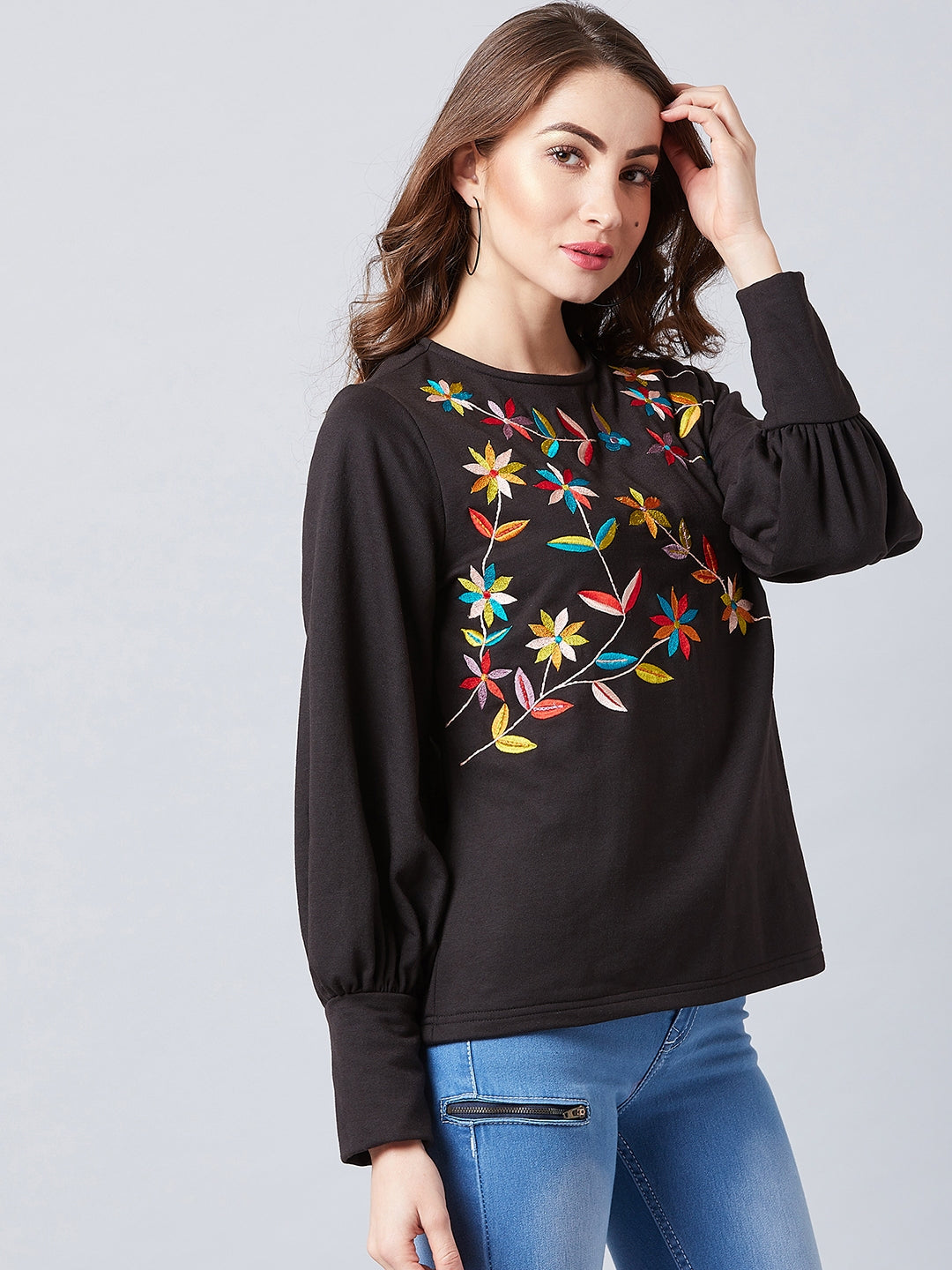 Athena Women Black Embroidered Pullover Sweatshirt - Athena Lifestyle