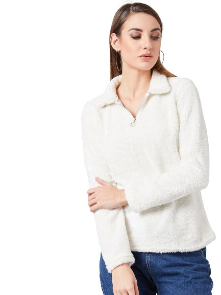 Athena Women White Solid Sweatshirt - Athena Lifestyle