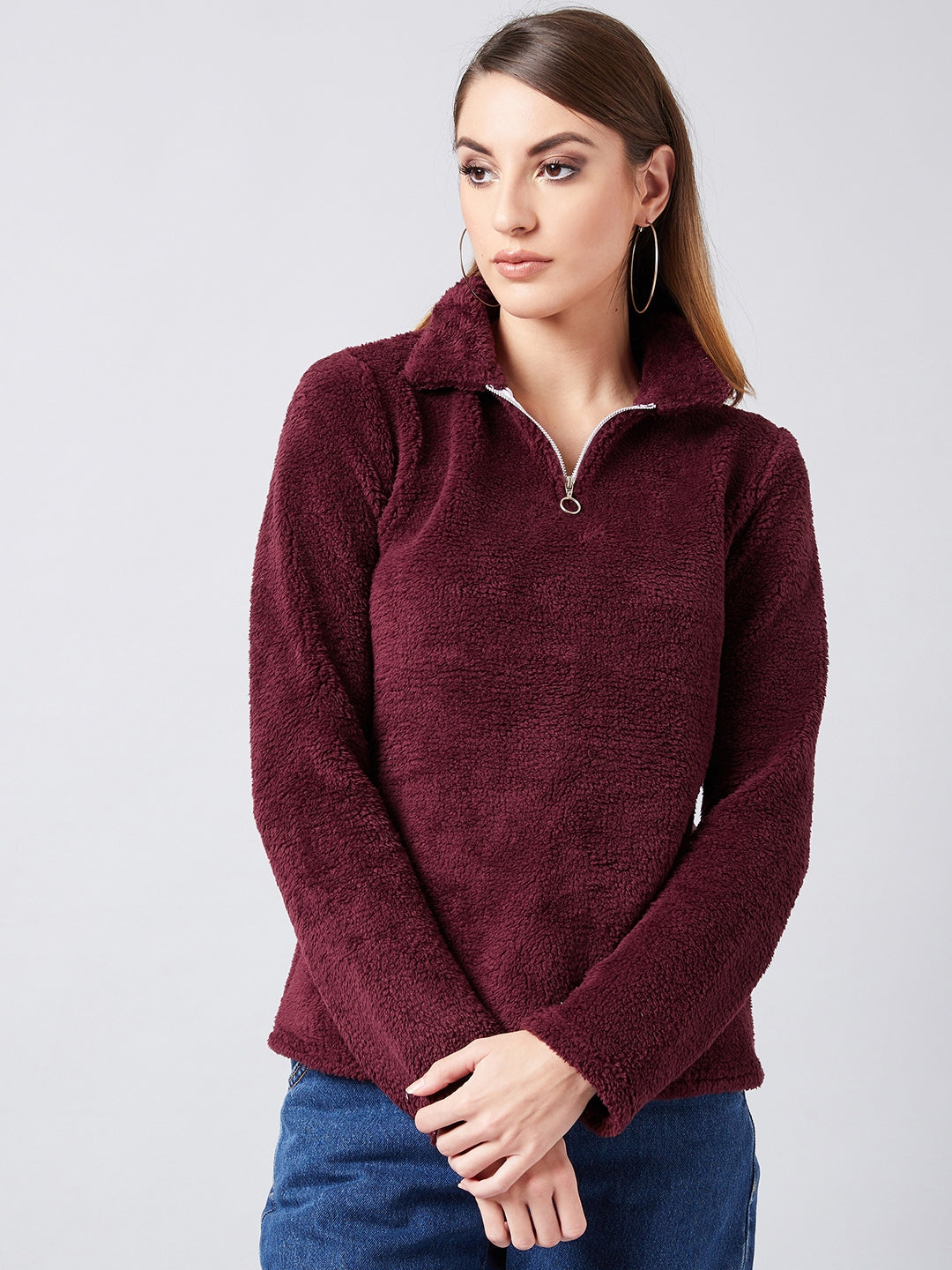 Athena Women Burgundy Solid Sweatshirt - Athena Lifestyle