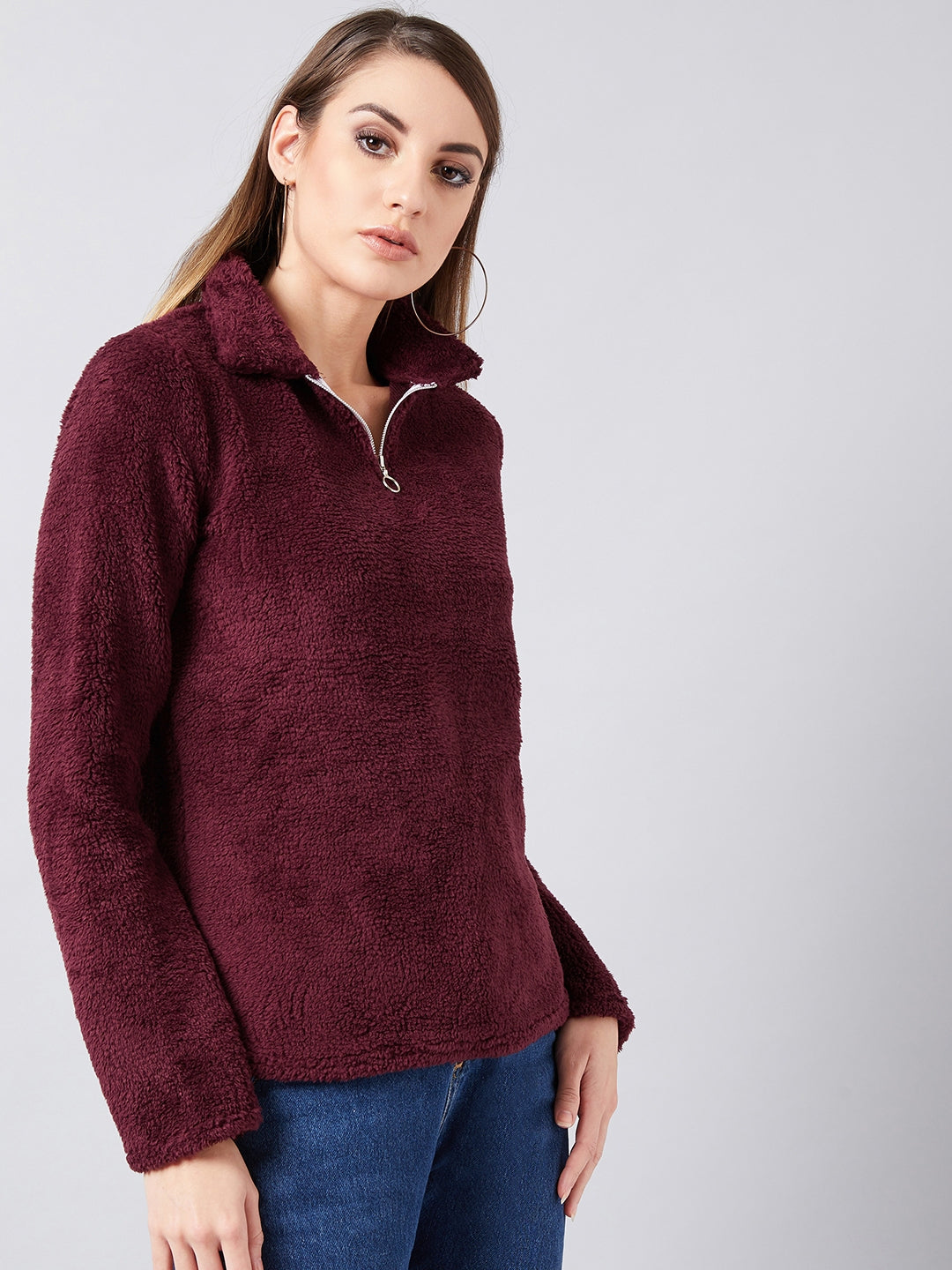 Athena Women Burgundy Solid Sweatshirt - Athena Lifestyle
