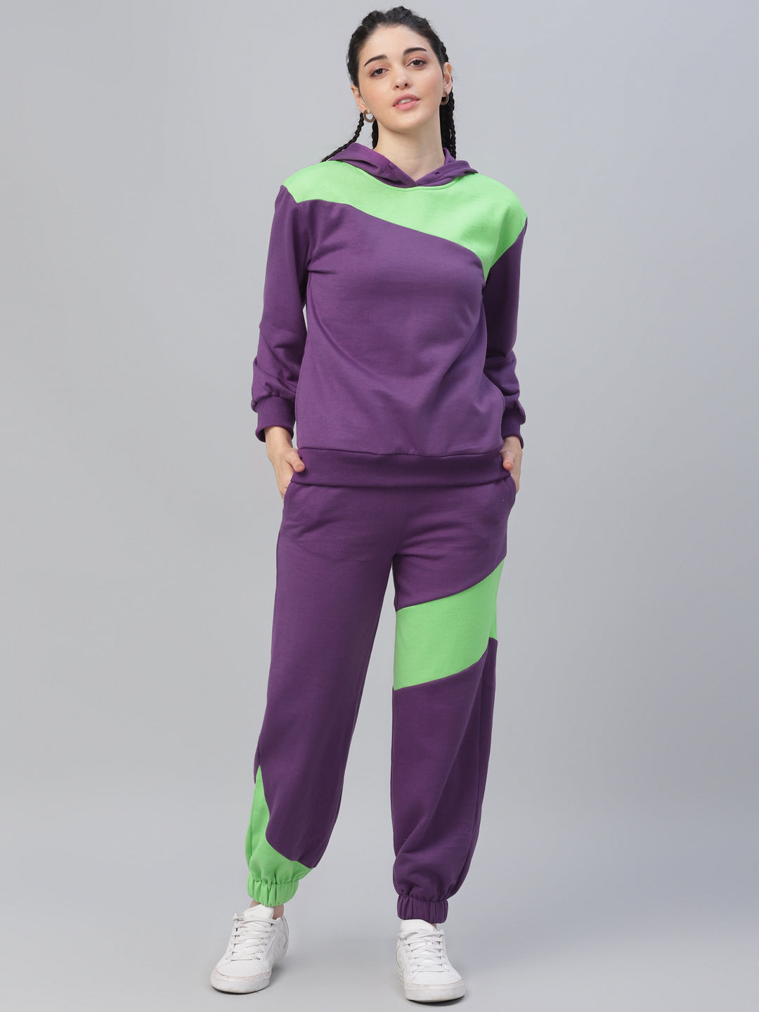 Athena Women Purple & Lime Green Colourblocked T-shirt with Pyjamas - Athena Lifestyle