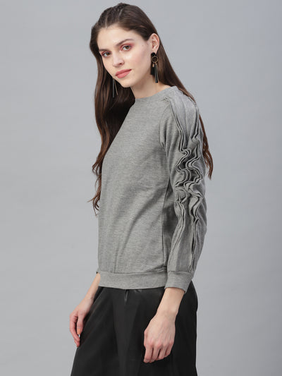 Athena Women Grey Solid Ruffled Pullover Sweatshirt - Athena Lifestyle