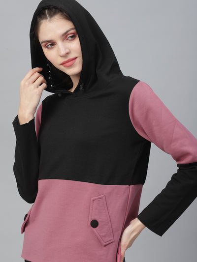 Athena Women Pink & Black Colourblocked Hooded Sweatshirt - Athena Lifestyle