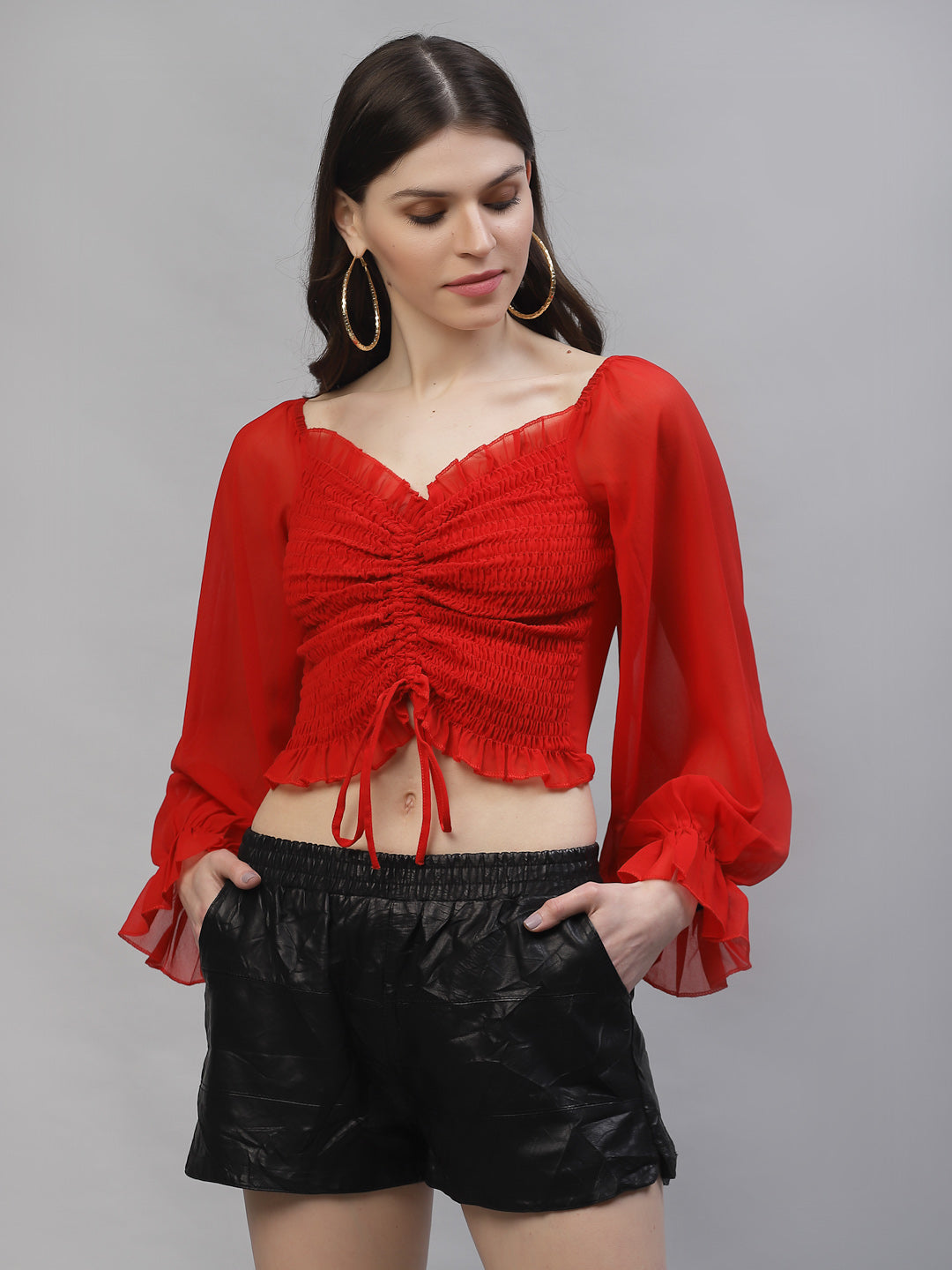 Athena Red Sweetheart Neck Puff Sleeves Georgette Crop Top - Athena Lifestyle
